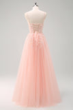 Sparkly Purple A-Line Appliqued Tulle Long Prom Dress with Slit