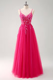 Sparkly Purple A-Line Appliqued Tulle Long Prom Dress with Slit