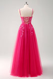 Sparkly Purple A-Line Appliqued Tulle Long Prom Dress with Slit