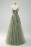 Sparkly Purple A-Line Appliqued Tulle Long Prom Dress with Slit