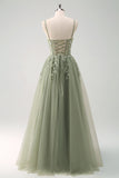 Sparkly Purple A-Line Appliqued Tulle Long Prom Dress with Slit
