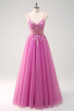 Sparkly Purple A-Line Appliqued Tulle Long Prom Dress with Slit