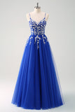 Sparkly Purple A-Line Appliqued Tulle Long Prom Dress with Slit