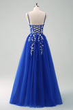 Sparkly Purple A-Line Appliqued Tulle Long Prom Dress with Slit