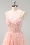 Sparkly Blush A-Line Spaghetti Straps Corset Tulle Long Prom Dress