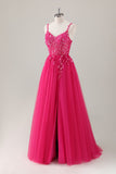 Sparkly Purple A-Line Appliqued Tulle Long Prom Dress with Slit