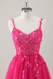 Sparkly Purple A-Line Appliqued Tulle Long Prom Dress with Slit