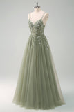 Sparkly Blush A-Line Spaghetti Straps Corset Tulle Long Prom Dress