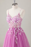 Sparkly Purple A-Line Appliqued Tulle Long Prom Dress with Slit