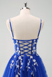 Sparkly Blush A-Line Spaghetti Straps Corset Tulle Long Prom Dress
