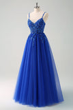 Sparkly Blush A-Line Spaghetti Straps Corset Tulle Long Prom Dress
