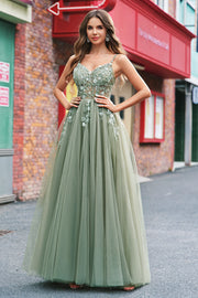 Green Floral Sequin Tulle A Line Corset Prom Dress with Lace Up Back