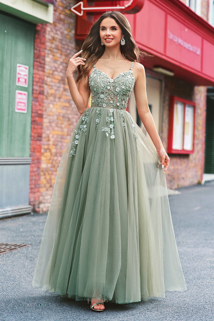 Wedtrend Women Green Floral Prom Dress A Line Corset Sequined Tulle
