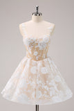 White A-Line Corset Short Floral Prom Dress with Sequins
