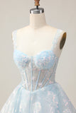 White A-Line Corset Short Floral Prom Dress with Sequins