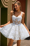 White A-Line Corset Short Floral Prom Dress with Sequins