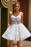 White A-Line Corset Short Floral Prom Dress with Sequins