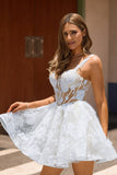 White A-Line Corset Short Floral Prom Dress with Sequins