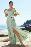 Dusty Sage A-Line Square Neck Print Floral Bridesmaid Dress with Slit