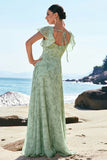 Dusty Sage A-Line Square Neck Print Floral Bridesmaid Dress with Slit