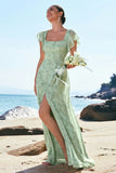 Dusty Sage A-Line Square Neck Print Floral Bridesmaid Dress with Slit