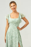 Grey Green A-Line Square Neck Floral Long Bridesmaid Dress with Slit