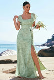 Dusty Sage A-Line Square Neck Print Floral Bridesmaid Dress with Slit