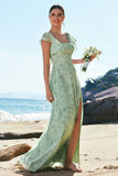 Dusty Sage A-Line Square Neck Print Floral Bridesmaid Dress with Slit