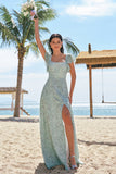 Dusty Sage A-Line Square Neck Print Floral Bridesmaid Dress with Slit