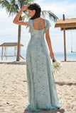 Dusty Sage A-Line Square Neck Print Floral Bridesmaid Dress with Slit