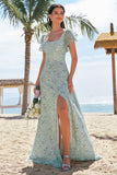 Dusty Sage A-Line Square Neck Print Floral Bridesmaid Dress with Slit