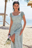 Dusty Sage A-Line Square Neck Print Floral Bridesmaid Dress with Slit