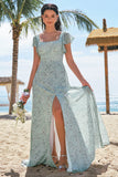 Dusty Sage A-Line Square Neck Print Floral Bridesmaid Dress with Slit