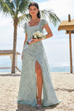 Dusty Sage A-Line Square Neck Print Floral Bridesmaid Dress with Slit