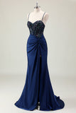 Sparkly Dark Navy Mermaid Sequins Spaghetti Straps Prom Dress with Slit