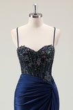 Sparkly Dark Navy Mermaid Sequins Spaghetti Straps Prom Dress with Slit