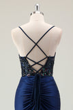 Sparkly Dark Navy Mermaid Sequins Spaghetti Straps Prom Dress with Slit