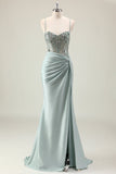 Sparkly Dark Navy Mermaid Sequins Spaghetti Straps Prom Dress with Slit
