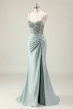 Sparkly Dark Navy Mermaid Sequins Spaghetti Straps Prom Dress with Slit