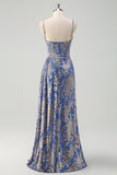 Blue Floral Mermaid Spaghetti Straps Corset Burnout Velvet Dress with Slit