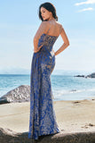 Blue Floral Mermaid Spaghetti Straps Corset Burnout Velvet Dress with Slit