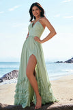 Dusty Sage Halter A-Line Corset Chiffon Maxi Bridesmaid Dress with Slit