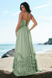 Dusty Sage Halter A-Line Corset Chiffon Maxi Bridesmaid Dress with Slit