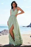 Dusty Sage Halter A-Line Corset Chiffon Maxi Bridesmaid Dress with Slit
