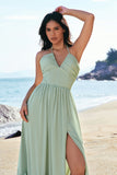 Dusty Sage Halter A-Line Corset Chiffon Maxi Bridesmaid Dress with Slit