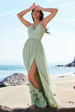 Dusty Sage Halter A-Line Corset Chiffon Maxi Bridesmaid Dress with Slit
