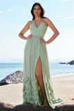 Dusty Sage Halter A-Line Corset Chiffon Maxi Bridesmaid Dress with Slit