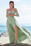 Dusty Sage A Line Off the Shoulder Print Maxi Dress with Slit