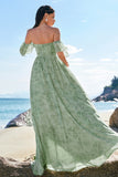 Dusty Sage A Line Off the Shoulder Print Maxi Dress with Slit