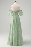 Dusty Sage A-Line Off Shoulder Print Long Bridesmaid Dress with Slit